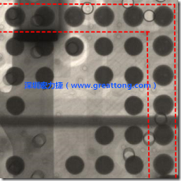 BGA錫球尺寸小于0.4mm，采用降低BGA內(nèi)圍襲球的錫膏量所得到X-Ray，稍微留意一下可以發(fā)現(xiàn)最外圈的錫量(圓的直徑)比其他內(nèi)圍的錫球上的錫量來(lái)得多一點(diǎn)點(diǎn)。也就是外圈的黑色圓形直徑比內(nèi)圈的圓形來(lái)得大一點(diǎn)點(diǎn)。