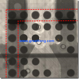BGA錫球尺寸小于0.4mm，采用降低BGA內(nèi)圍襲球的錫膏量所得到X-Ray，稍微留意一下可以發(fā)現(xiàn)最外圈的錫量(圓的直徑)比其他內(nèi)圍的錫球上的錫量來(lái)得多一點(diǎn)點(diǎn)。也就是外圈的黑色圓形直徑比內(nèi)圈的圓形來(lái)得大一點(diǎn)點(diǎn)。
