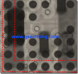BGA錫球尺寸小于0.4mm，采用降低BGA內(nèi)圍襲球的錫膏量所得到X-Ray，稍微留意一下可以發(fā)現(xiàn)最外圈的錫量(圓的直徑)比其他內(nèi)圍的錫球上的錫量來(lái)得多一點(diǎn)點(diǎn)。也就是外圈的黑色圓形直徑比內(nèi)圈的圓形來(lái)得大一點(diǎn)點(diǎn)。