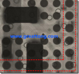 BGA錫球尺寸小于0.4mm，采用降低BGA內(nèi)圍襲球的錫膏量所得到X-Ray，稍微留意一下可以發(fā)現(xiàn)最外圈的錫量(圓的直徑)比其他內(nèi)圍的錫球上的錫量來(lái)得多一點(diǎn)點(diǎn)。也就是外圈的黑色圓形直徑比內(nèi)圈的圓形來(lái)得大一點(diǎn)點(diǎn)。