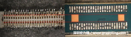 把板對板連接器與其電路板的佈線焊墊作一個比較，端子的切斷面有毛邊的地方剛好對到了裸銅區(qū)。