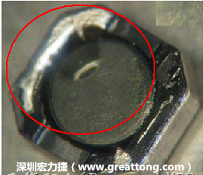 使用錫(Sn)鍍層的電源電感器(Power Inductors)，經(jīng)過推力測(cè)試后，其焊點(diǎn)還保留在零件的端點(diǎn)上，所以推力比較高。