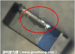 使用錫(Sn)鍍層的電源電感器(Power Inductors)，經(jīng)過推力測(cè)試后，其焊點(diǎn)還保留在零件的端點(diǎn)上，所以推力比較高。