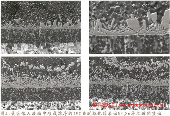 下面四張圖片為放大4500倍的SEM圖像，說明在回流焊爐熱量不足的情況下，黃金成份正要從鎳層分離融入焊錫之中的瞬間，當零件遭受外力沖擊的時候就極有可能從這一整排AuSn、、AuSn2或AuSn4的IMC處裂開。