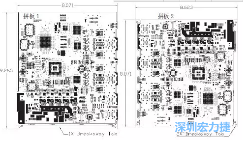 如圖7所示是使用不同數(shù)量邊條的拼板，拼板1僅使用了一個邊條，直接利用PCB另一邊作為SMT工藝傳送邊，并且PCB圖形中有合適的安裝孔；而拼板2則是按常規(guī)設計了兩個邊條。拼板方式為連接筋。圖中“Breakaway Tab”指邊條-深圳宏力捷