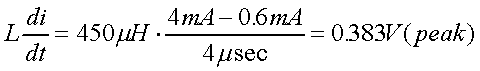 舉例來說，一個閘在"ON"而載有4mA的電流時，突然開關(guān)切到"OFF"且現(xiàn)在載有0.6mA的電流，假設(shè)開關(guān)時間為4msec，載有450mH的電感信號的導(dǎo)體，此時所產(chǎn)生的電壓突波為
