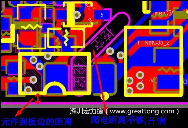 如果碰到模塊PCB空間有限，爬電距離不夠，可以采用開(kāi)槽的方式