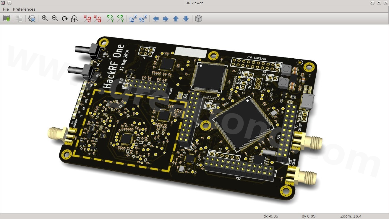 經KiCad軟體3D功能渲染過的HackRF One電路板。