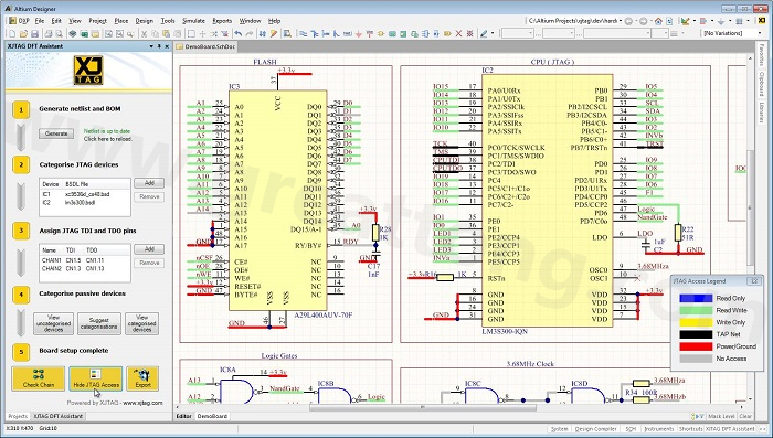 XJTAG DFT Assistant的Access Viewer模式可以清楚地顯示可用的測試存取層級，讓電路板設(shè)計(jì)人員在展開PCB布局以前的原理圖擷取階段盡可能地提高測試存取能力