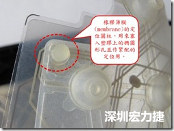 橡膠薄膜(membrane)的定位圓柱，可以用來(lái)塞入塑膠上的橢圓形孔洞，最為緊配的定位之用。