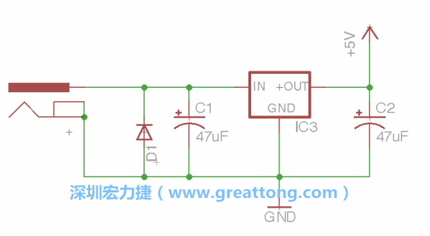 新增RBBB→Power_Jack，將它放在電壓調(diào)整器的輸入端旁邊。