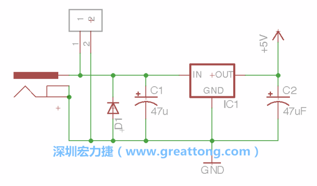 2.5.    新增一個(gè)二極體，它會(huì)以水平的狀態(tài)出現(xiàn)在屏幕上，請(qǐng)使用「旋轉(zhuǎn)（Rotate）」工具把它負(fù)極那一面朝上，并且用「網(wǎng)絡(luò)連接」工具將它連接在電壓調(diào)整器的輸入端和接地端之間。