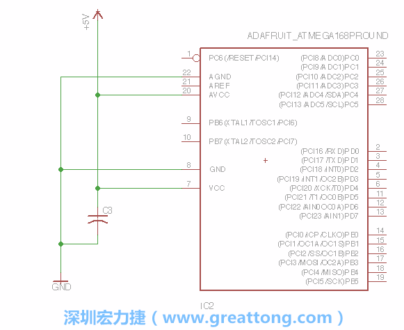 3.1.    新增微控制器晶片（RBBB → ATmega），把它放在電路原理圖的中央附近，把它的兩個接地接頭連接到接地訊號端。