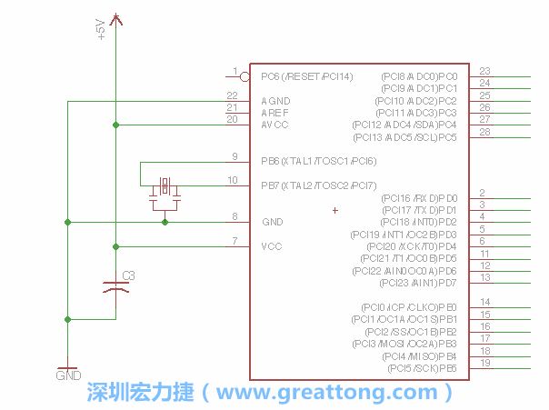 3.2.    在靠近ATmega的電源供應(yīng)針腳7的位置放置一個0.1μF的電容，將它分別連接電源、接地端和針腳7。
