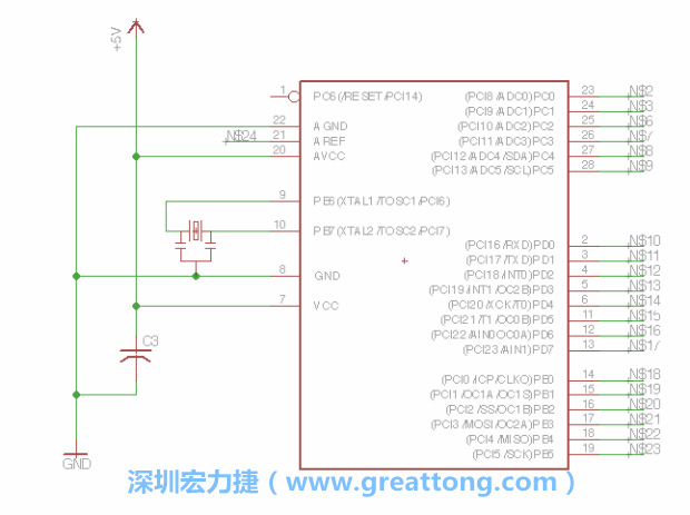 3.3.    將共鳴器（resonator）放置在針腳9和針腳10附近，將它的三個針腳連接如圖所示，并確認(rèn)最中間的針腳有連到接地端。