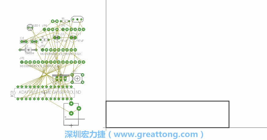 第一次執(zhí)行布線編輯器時(shí)，你會發(fā)現(xiàn)有兩個(gè)區(qū)塊，左邊的區(qū)塊非?；靵y，而右邊的區(qū)塊則是一個(gè)長方形的工作區(qū)域，EAGLE免費(fèi)版會限制你的工作區(qū)域在4” x 3.2”的范圍內(nèi)，如果你試圖將元件擺放在工作區(qū)外的話，就會跳出警示訊息。