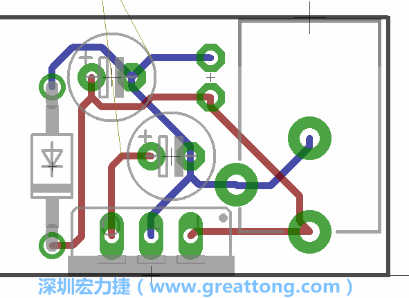 接地連結(jié)點(diǎn)的布線情形如下圖所示，利用這個(gè)練習(xí)來避免電路連線銳角化的產(chǎn)生是一個(gè)不錯(cuò)的選擇，你可以在工具列中的彎曲線路（Wire Bend）選項(xiàng)里改變各種布線的變化。