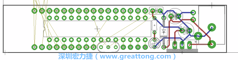 將ATmega微控制器、三個(gè)GPIO排針（JP2, JP3, JP4）和諧振器（resonator）排置如上圖所示。