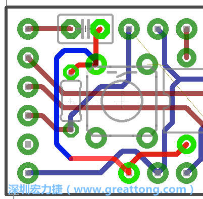 為了要創(chuàng)造一個(gè)電路通道，首先要先點(diǎn)擊重置開關(guān)的連結(jié)點(diǎn)進(jìn)行布線，在電路板的背面繪制線路直到其它線路前的乾淨(jìng)區(qū)域。