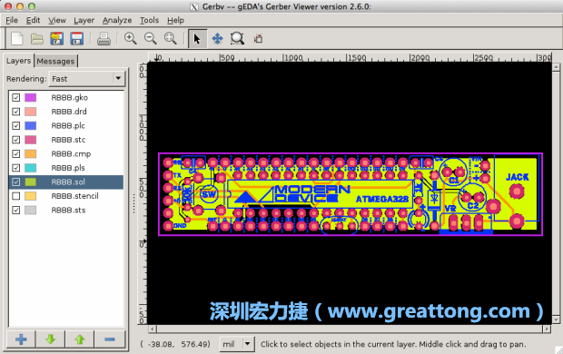 將圖層匯入你的Gerber預(yù)覽工具內(nèi)（下圖為Gerbv），我通常會從上到下重新排列它們的順序，好讓我比較好校對：