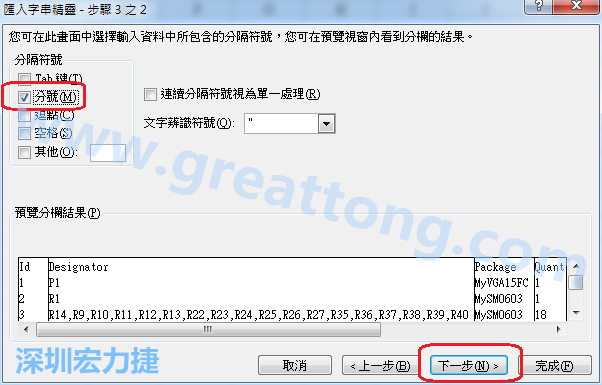 新增一個新的Excel文檔，[資料]匯入[從文字檔]，然后選擇剛產(chǎn)生的BOM (.csv)檔案，并以"分號"作為分隔符號。